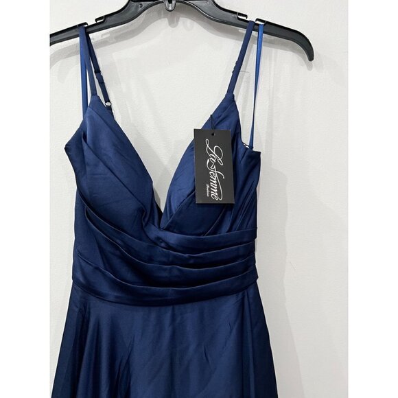 New LA FEMME Size 2 PROM Long Dress 28607 Navy *Stain* - Picture 14 of 16
